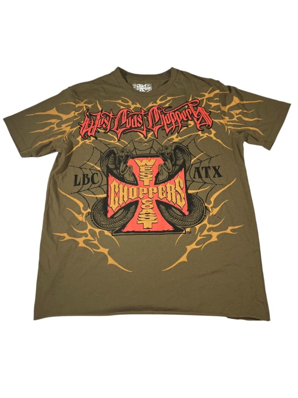 West Coast Choppers Mens AOP Green T-Shirt Snake Cross Size Medium/Large Biker